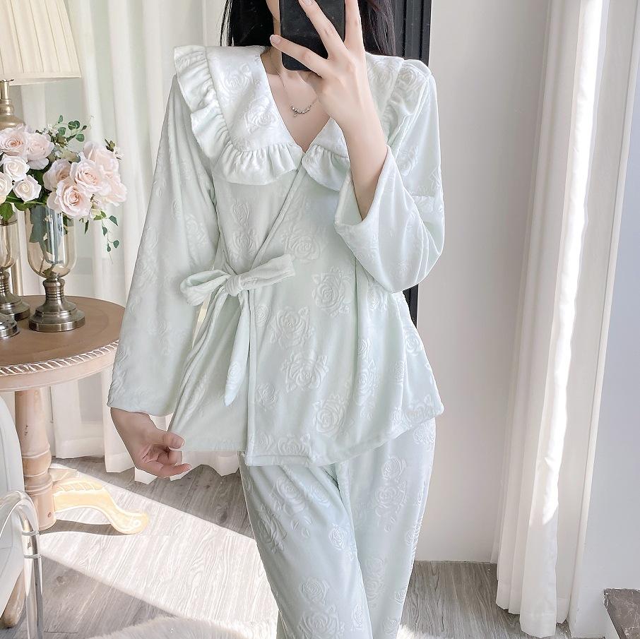 Warm island velvet winter pajamas spring and autumn long-sleeved trousers casual loose women's two-piece suit loungewear can be worn outside