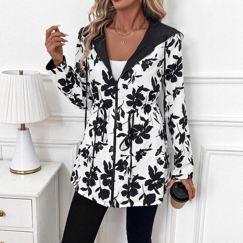 European and American Women's Clothing Two-sided Clothing Leopard Print Hooded Zipper Jacket Casual Long Jacket Belt Long Sleeve