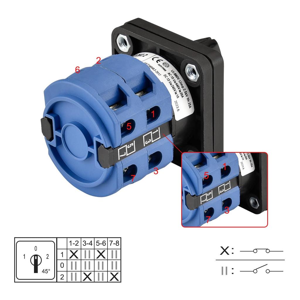Heschen Universal Rotary Cam Selector Change-Over Switch, SZW26-25/D202.2, Latching 660V 25A, On-Off-On, 3 Position 2 Phase 8 Terminal, CE