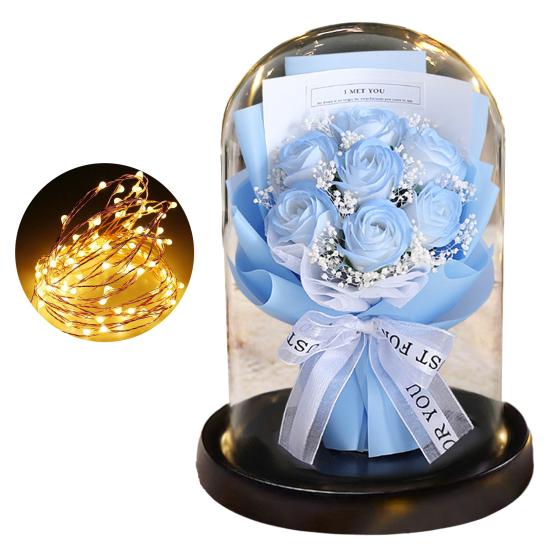 Artificial Rose Bouquet with LED Light Glass Dome Cover Eternal Flower Decoration Women Wife Girlfriend Anniversary Valentine's Day Mother's Day Gift