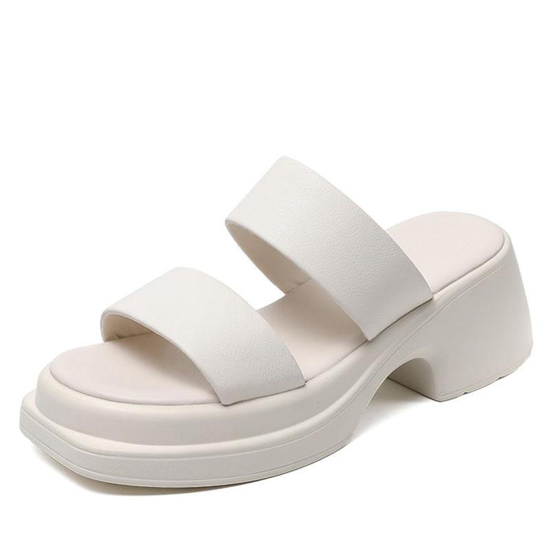 

Fashion GKTINOO 2025 Concise Women Slippers Summer Sandals Solid Color Genuine Leather Open Toe Thick High Heel Modern Slippers Black 9