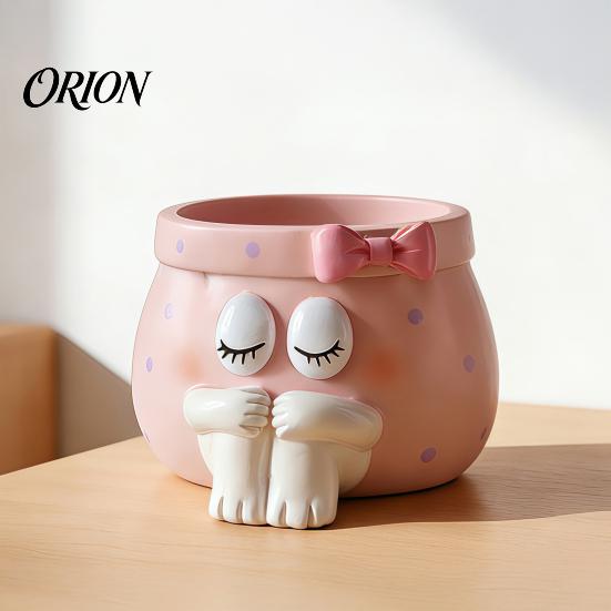 Desktop Storage Accessories Cute Cartoon Girl Pen Holder, Resin Makeup Brush Decorative Statue Organizer with Bow Design, Sundries Bucket for