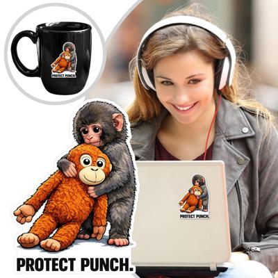 Autocollants « Punch le singe » pour voiture ou ordinateur portable : un adorable singe tenant une peluche. Faciles à appliquer et à retirer. Décoration amusante pour chambre d'enfant.