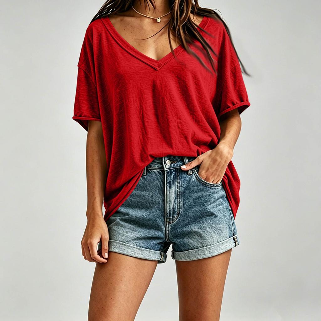 Women's Casual V Neck Loose Fit Plain Oversized Drop Shoulder Top Lightweight Soft Fabric Summer Tee Shirt for Everyday Wear