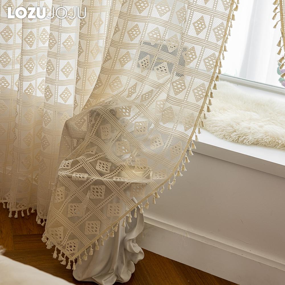 1PC LOZUJOJU 10-20% Blackout French Retro Solid Color Hollow Square Grid Fringe Curtain for Living Room Bedroom Balcony Home Decor