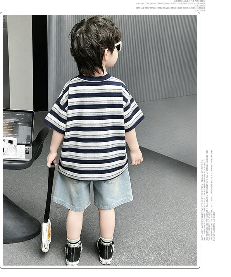 Boys' Summer Striped Short Sleeved Denim Shorts Two-piece Set, Children's Handsome and Versatile Casual Set, Thin