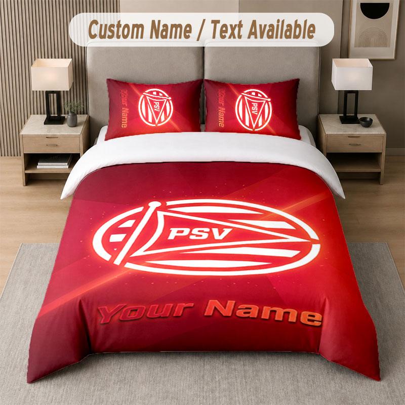 Custom Bedding Set PSV Eindhoven FC Pattern, Print Name Text 1 Duvet Cover plus 2 Pillowcases Home Textile