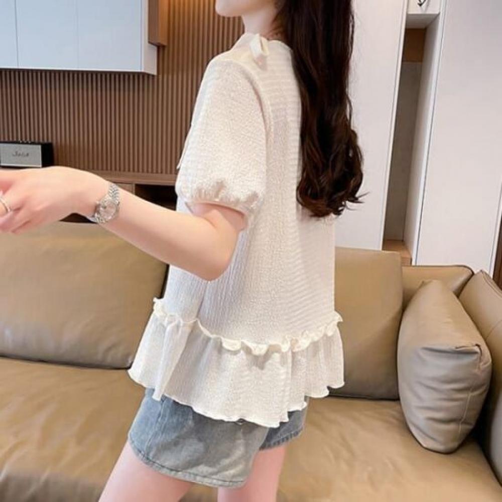 Navava Women Frill Ribbon Round Neck Puff ShorT Sleeve T shirT nT2795