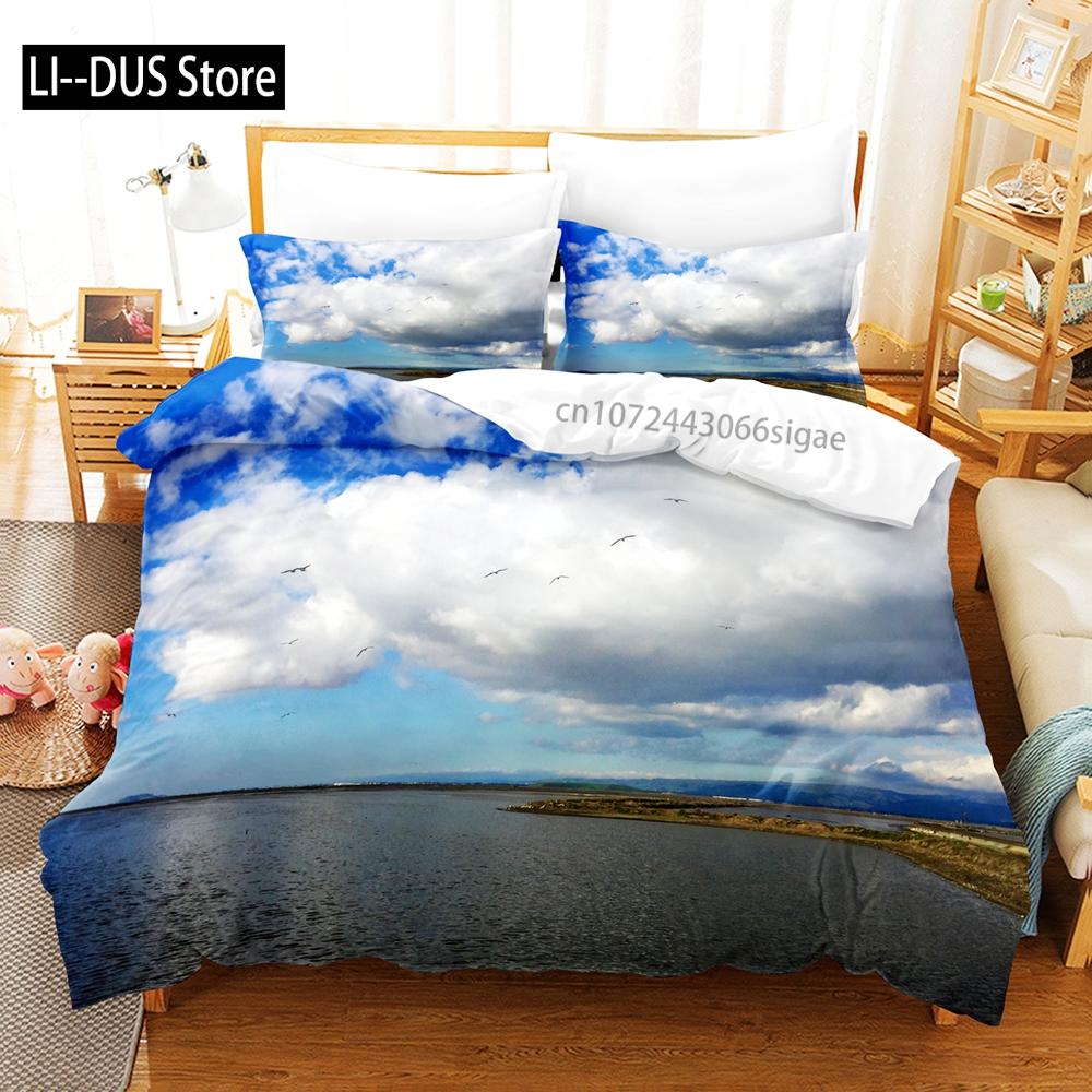 Sky With White Clouds Bedding Set Single Twin Full Queen King Size Bed Set Aldult Kid Bedroom Duvetcover Sets 3D Anime 030