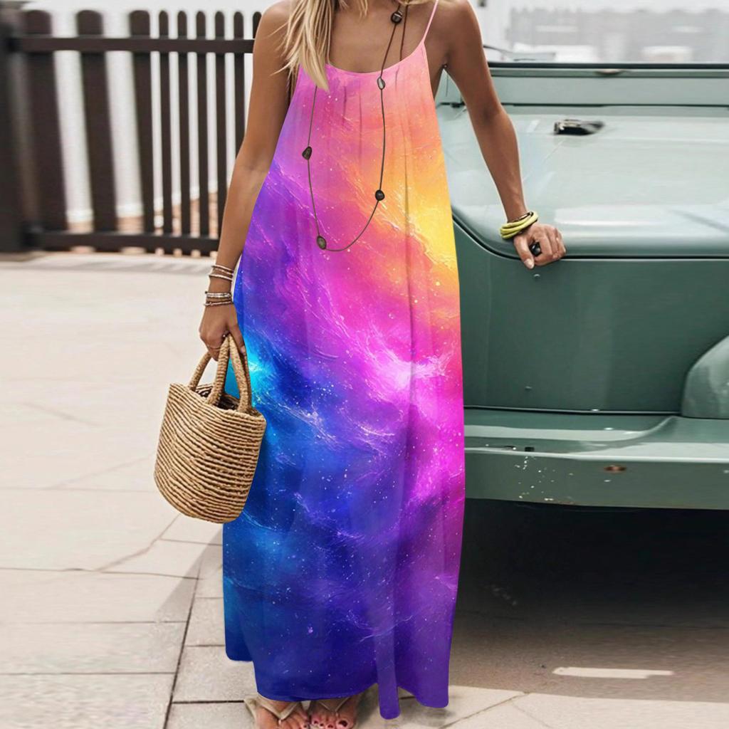 Dámské Módní Ležérní Volné Šaty s Květinovým Potiskem a Úzkými Ramínky Bez Zad