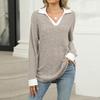 Women's Fashionable Lapel Long Sleeved Color Blocked Loose Casual Pullover Top
