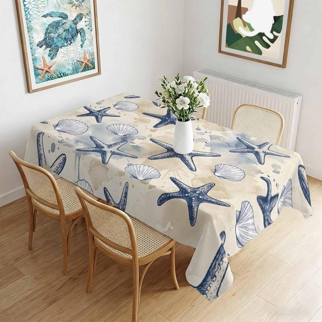 Summer Ocean Starfish Shell Rectangle Tablecloth for Table Decor Reusable Kitchen Dining Tablecloth Holiday Party Decorations