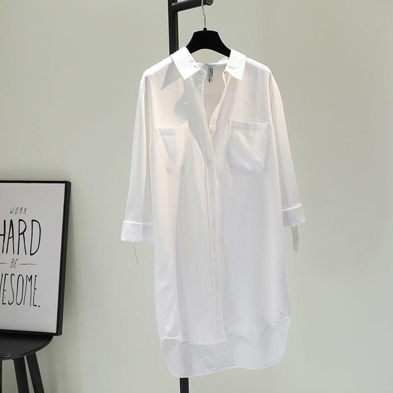 Spring Solid Denim Shirt Dress Casual Tops Fashion Pocket Long Sleeve Shirt For Women Elegant Medium Length Loose Clothes 24120