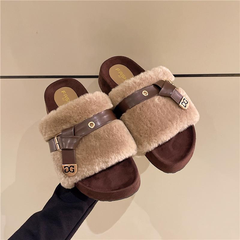 New Thick-soled Women's Shoes for Autumn and Winter, Fashionable Lambskin Cotton Slippers