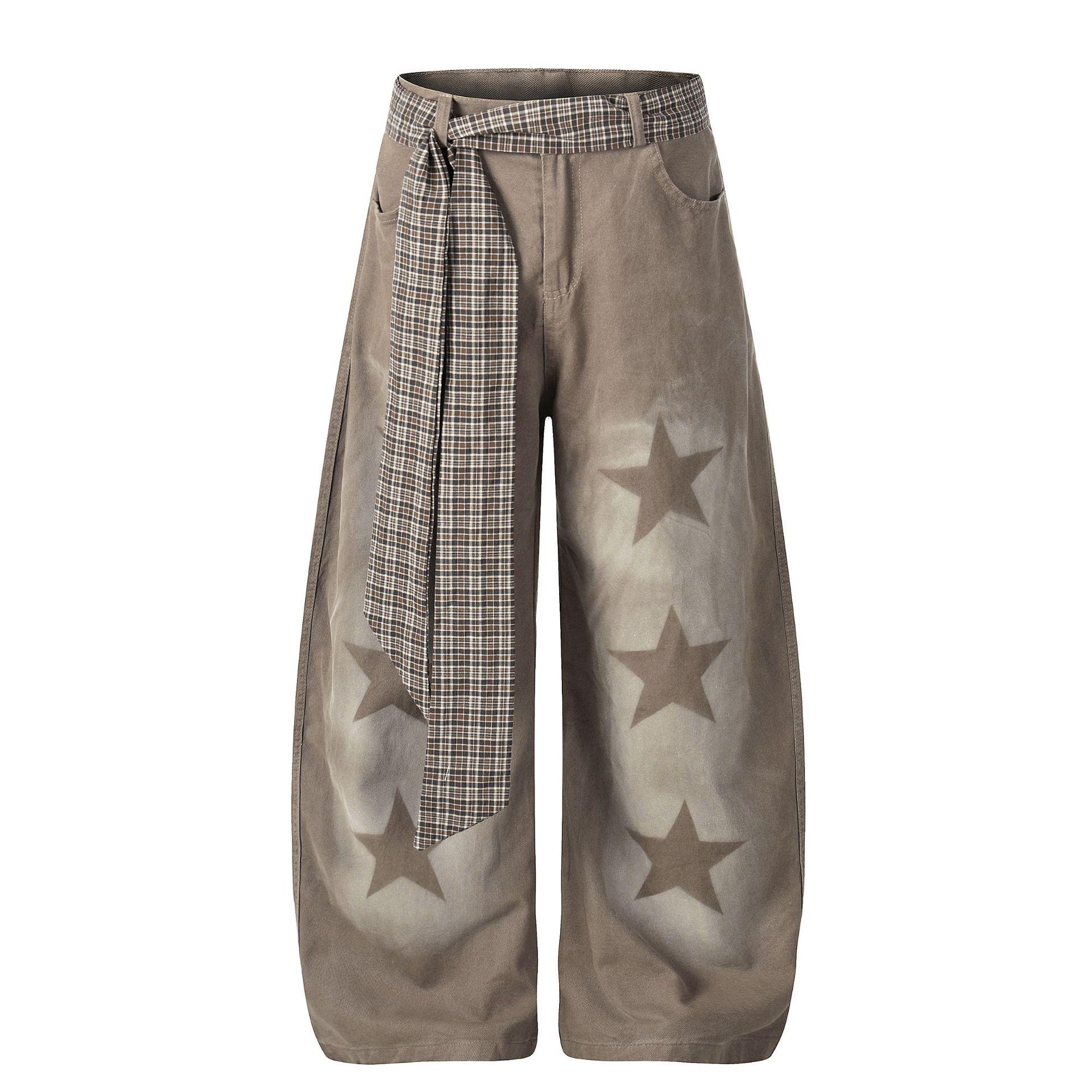 Unisex 2026 Retro Distressed Star Print Wide-Leg Crooked Streetwear Pants Large