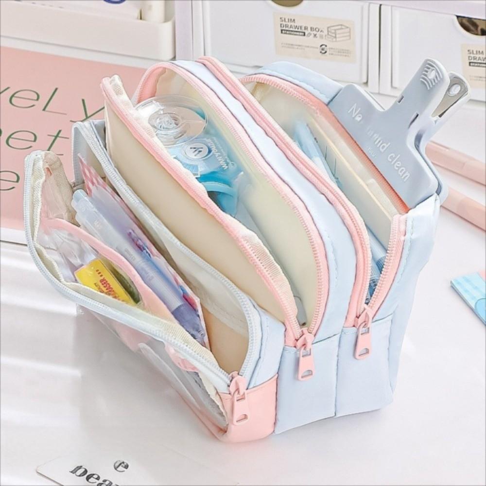 Color-Block Pen Bag Transparent Pocket Multi-layer Pen Pouch New Pencil Case  Girl