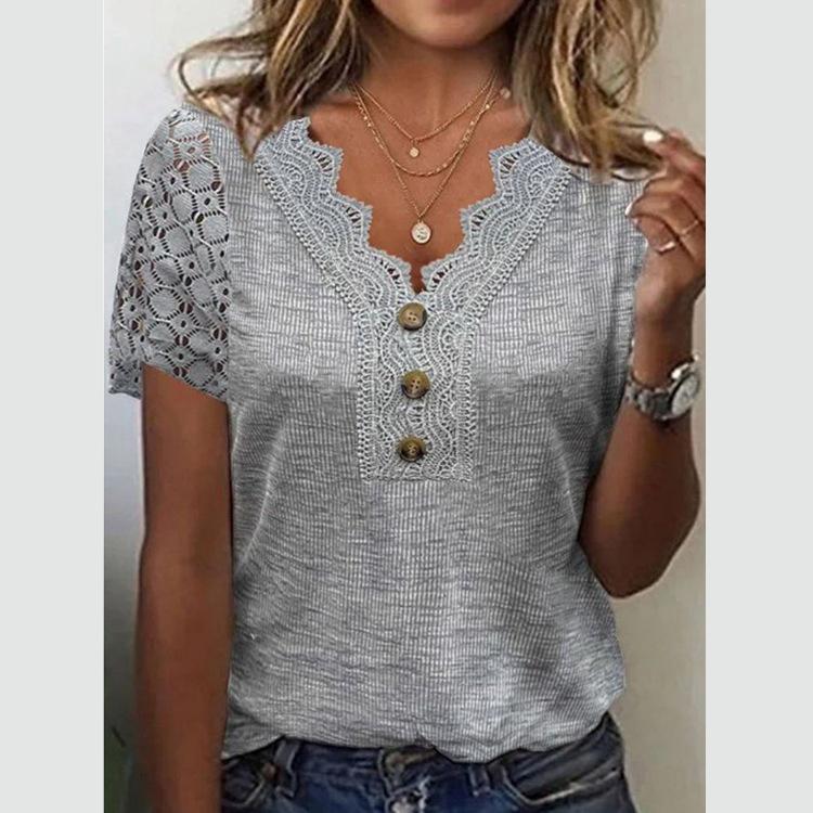 

Элегантный топ размера плюс, женская полупрозрачная футболка с v-образным вырезом и пуговицами, кружевная полупрозрачная футболка с короткими рукавами S серый