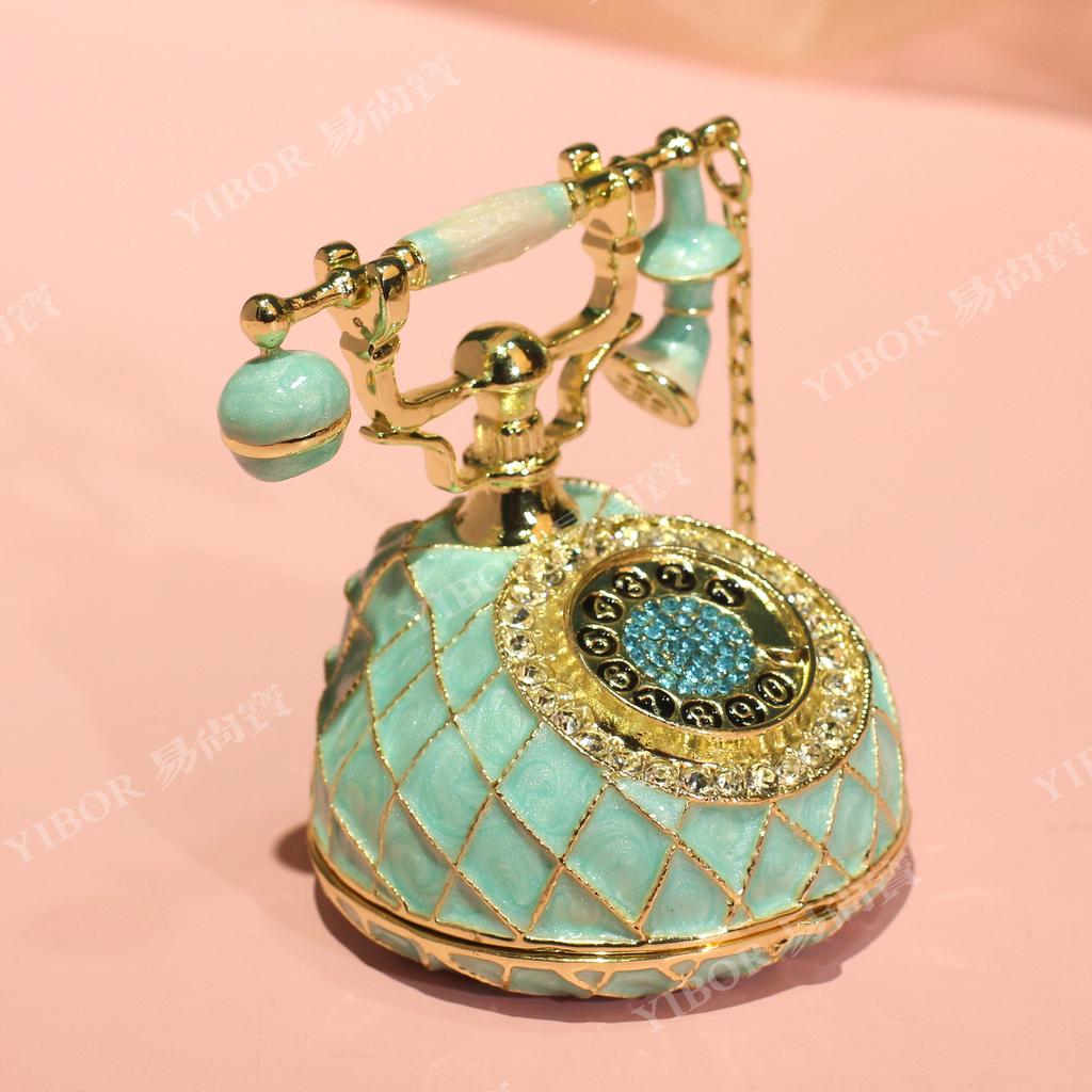 Vintage Telephone Shaped Enamel Box, Cloisonne Jewelry Storage Figurine, Creative Mini Alloy Craft for Home Display