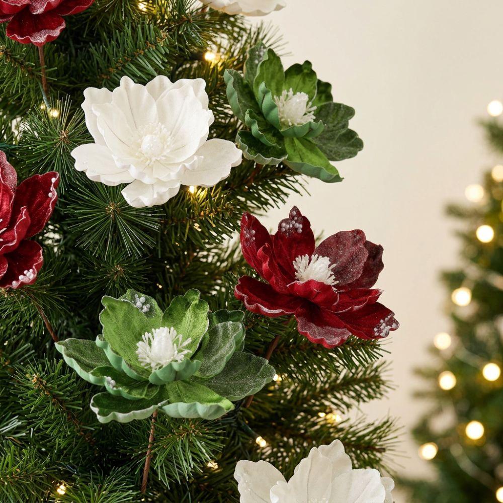 Sequin Flocked Christmas Magnolia Flowers Lifelike Simulation Artificial Poinsettia Picks Vintage Style with Stem