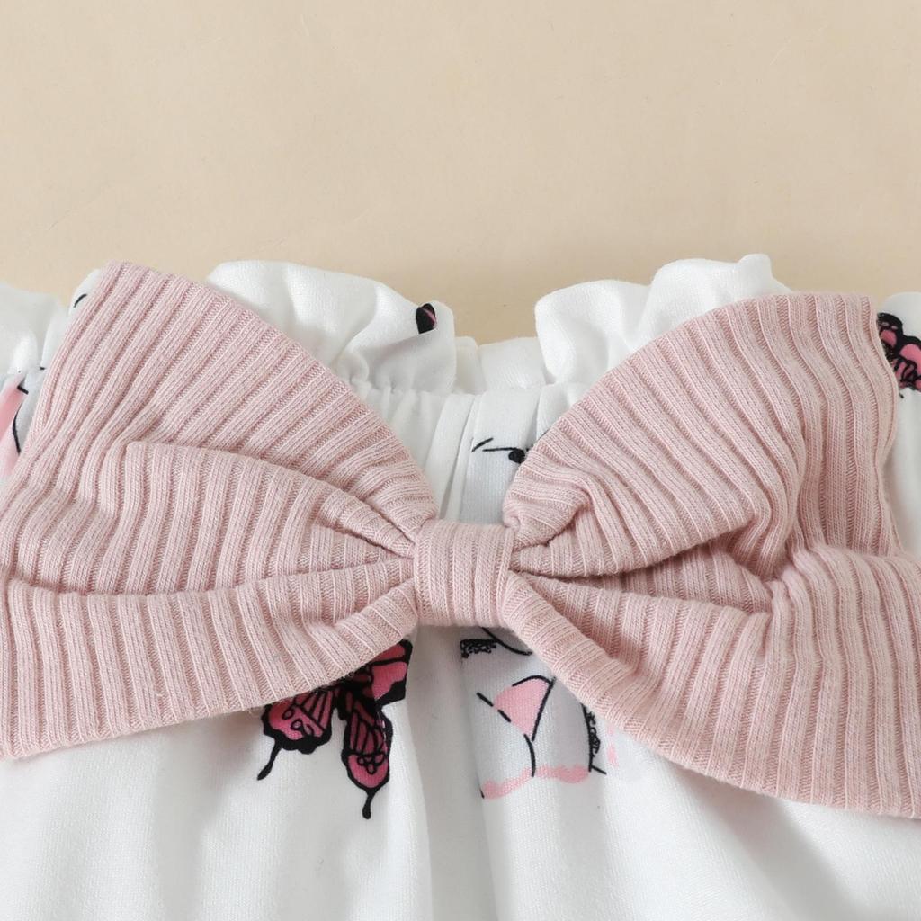 Summer Elephant Print T-shirt & Shorts Set for Baby Girls - Flutter Sleeve Romper with Bow Shorts