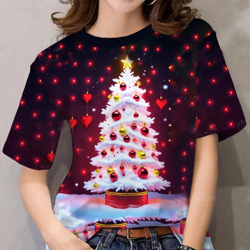 Merry Christmas T-Shirt For Women Casual Round Neck Oversized Xmas Tshirts Top Full Print Christmas Tree Pattern Tee Shirt