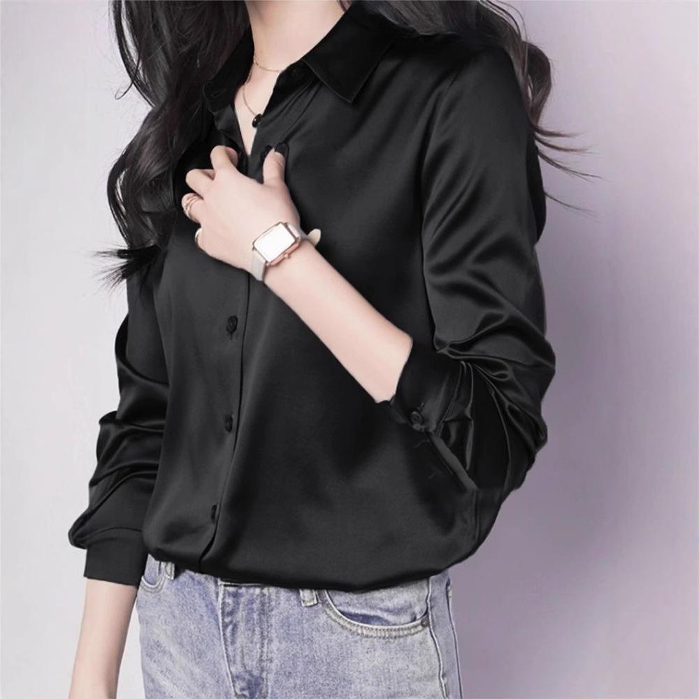 French High-End Satin Faux Silk Women's Top - Perfect with Jeans for a 2024 Commuter Look