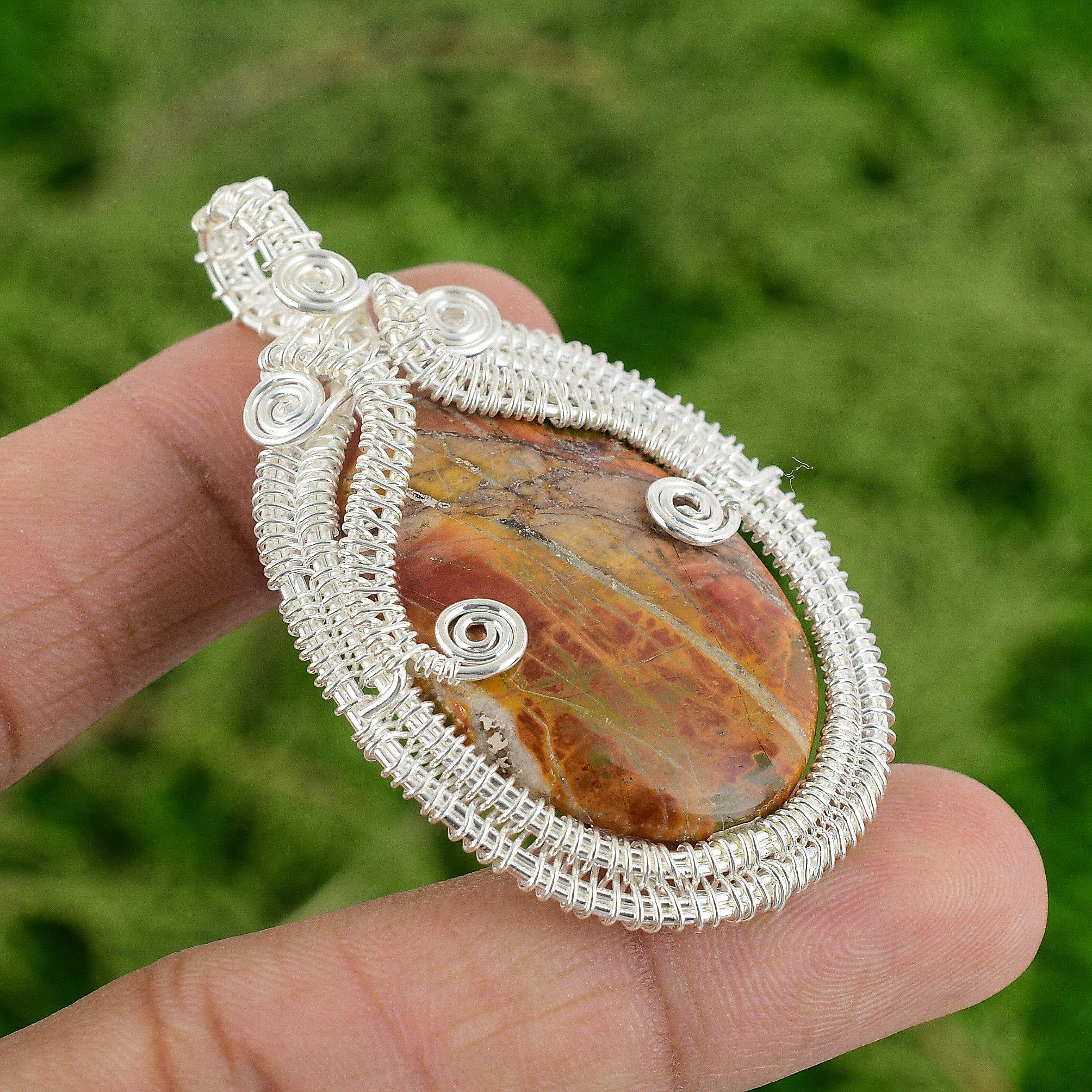 

Rainbow Jasper Stone Wedding Wire Wrap Engagement Elegant New Pendant 925 Silver