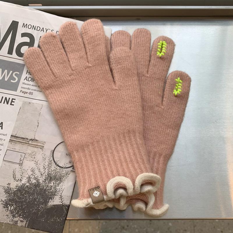 Fashionable Five-finger Glutinous Autumn and Winter Touch Screen Reveals Two Finger Warm Soft Women's Cute Wool Wool
