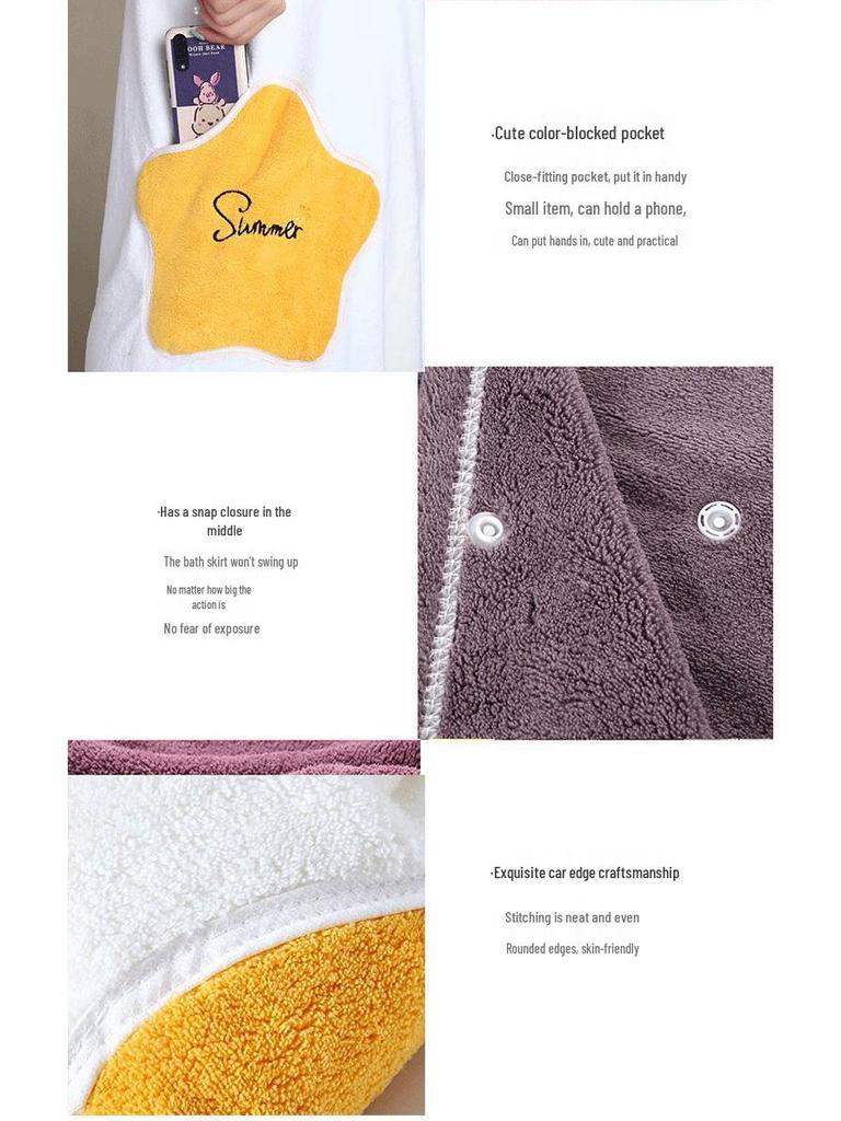 Top Star Pocket Absorbent Girls' Wearable Bath Towel Skirt - Soft Coral Fleece Bathrobe