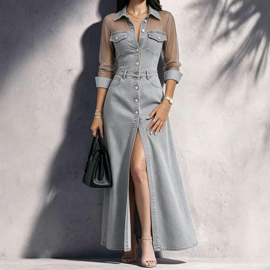 Elegant Spliced Mesh Long Sleeve Dress With Slit For Daily Wear