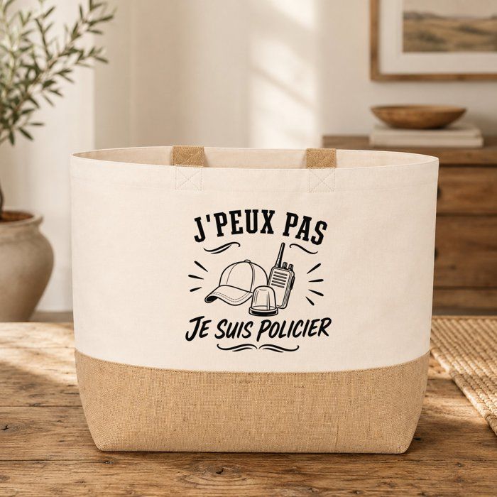 Sac J’peux pas je suis Policier J'peux pas minimaliste | Cabas en Coton avec Fond Jute 18 L 48 × 37 × 13 cm | Marché Shopping Plage