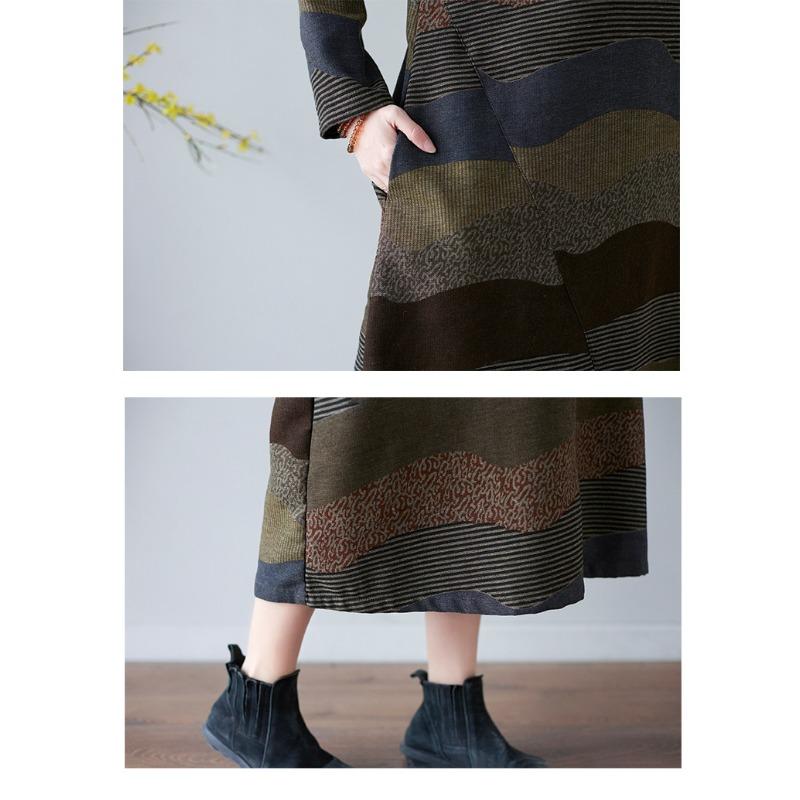 Frühling und Herbst Literarischen Stil Lose Druck Rundhals Langarm Kleid Frau