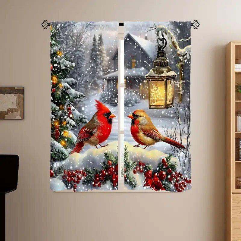 Set Of 2 Christmas Red Bird Printed Curtains Pole Bag Home Decoration Room Curtain Polyester