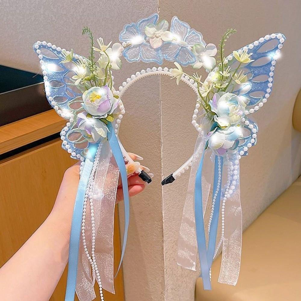 Silk Ribbon Butterfly Flowers Hairband Pearl Beads Decorative Headwear Floral Headwear  Women Wear