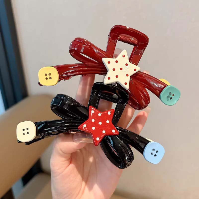 Korean Red Point Star Bowknot Hair Claw Clip for Women Sweet Acrylic Large Shark Clip Ponytail Headwear Hair Accessories