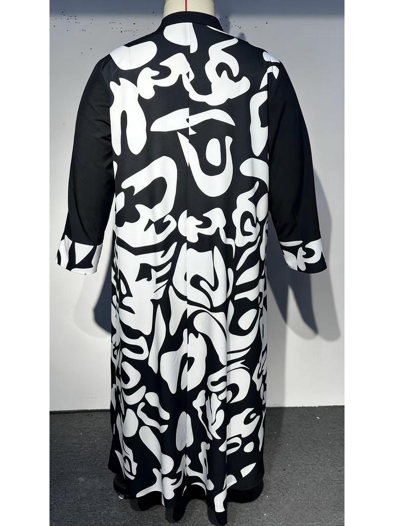 Plus Size Retro Abstract Art V-Neck Long Dress with Patchwork Sleeves