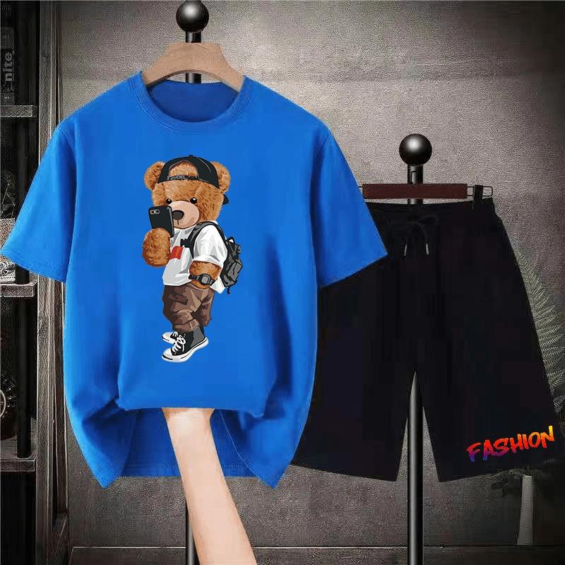 Korean Brand Bear Print T-shirt Men's Cotton Short-sleeved Oversized T-shirt Hip-hop Retro Suit Unisex Free Shipping