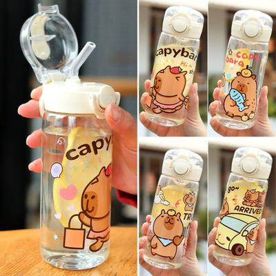 Cartoon 400ML Capybara Straw Water Bottles Portable Transparent Children's Water Cup Leak-Proof Drink Cup Coffee Tea Juice