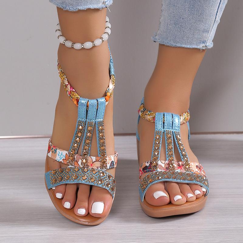 Summer Korean Style Wedge Heel Bohemian Rhinestone Roman Sandals - Large Size, Fashionable & Comfortable