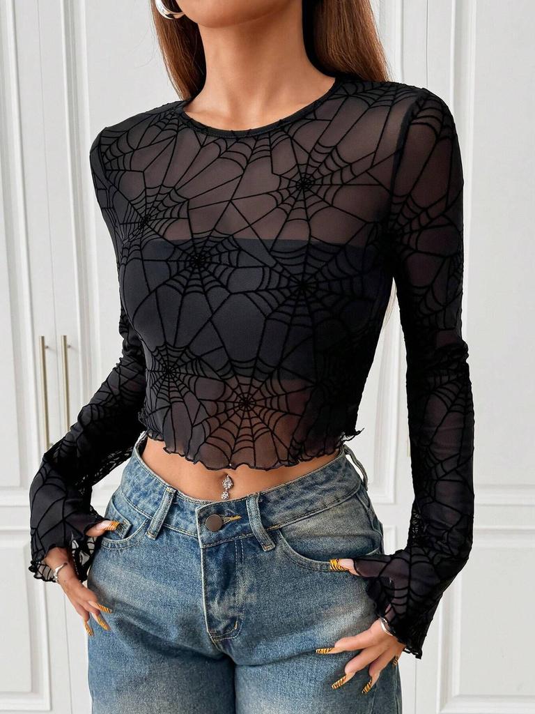 Autumn Winter Elegant Women's Black Mesh Spider Web T-Shirt Top Women's Clothing