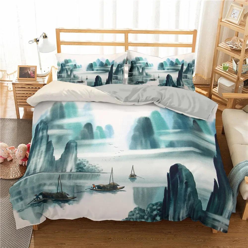 Comforter Ink Painting King Queen Chinese Landscape Painting Bedding Set Adults Idyllic Scenery Mountain Polyester