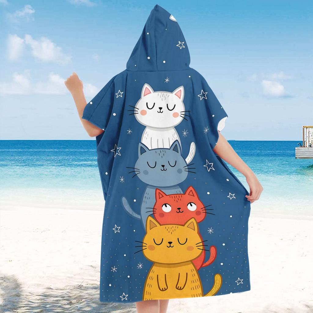 1pc Cute Cat Stack Surf Poncho Towel, Polyester Hooded Beach Changing Robe, Cartoon Cat Star Print Swim Poncho, Adult & Kids Bea