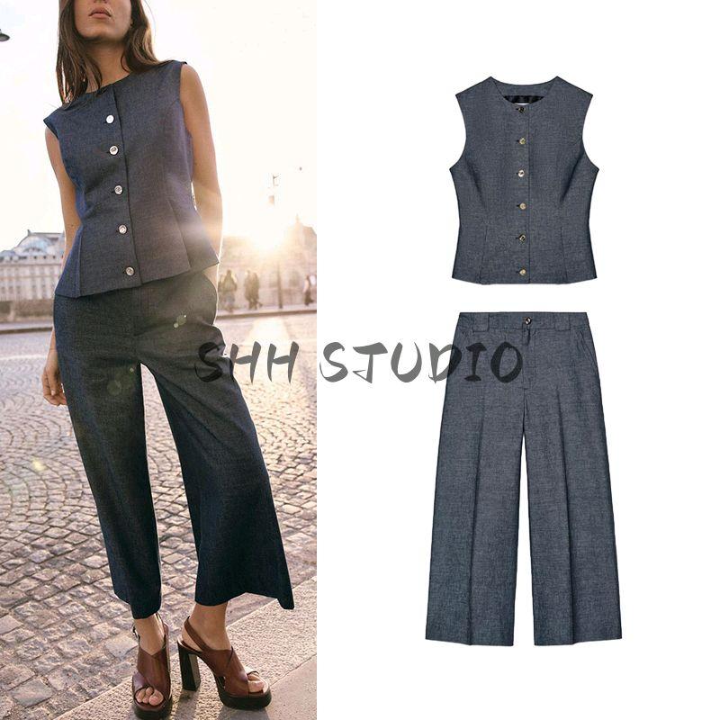 Spring and Summer New Linen Blend Pleated Vest 2746785 High Waist Wide Leg Casual Trousers 2834785