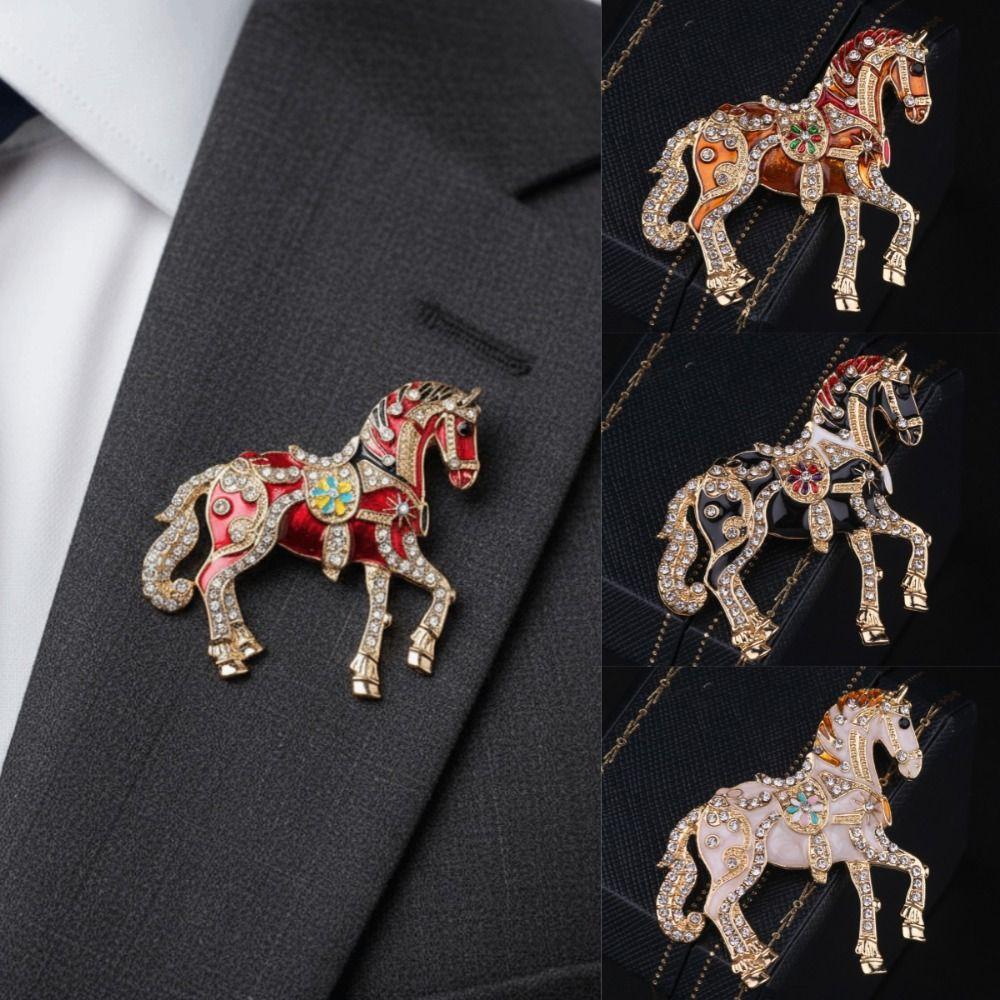 Luxury Zodiac Animal Lapel Pins Rhinestone Metal Badge Pin Strong Horse Brooches  for Women