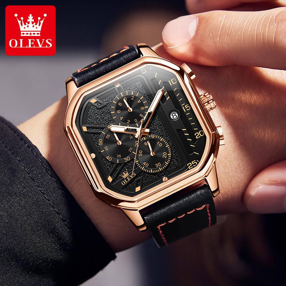 OLEVS 9950 Trend Brand Original Men's Watches Square Waterproof Chronograph Quartz Watch Luminous Leather Strap Male Wristwatch