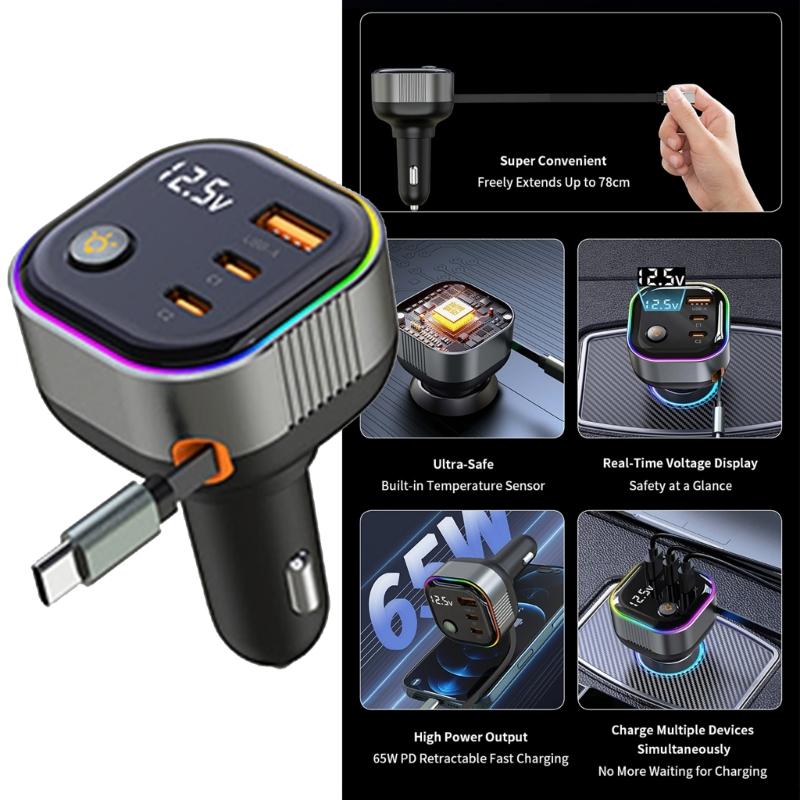 High Power Car Charger PD65W Retractable USB C Cable with 18W USB A /Type C Port Voltages Display Intelligent Protections