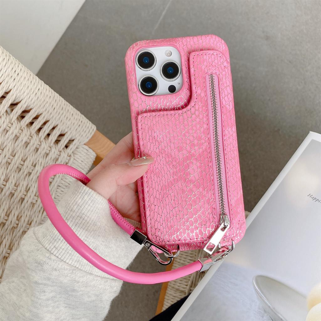 For iPhone 15 Pro Max Case Zipper Card Holder Mirror Snake Texture PU+PC Back Cover with Lanyard