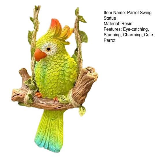 Resin Parrot Swing Figurine Outdoor Hanging Animal Sculpture Tropical Bird Swing Statue for Patio
