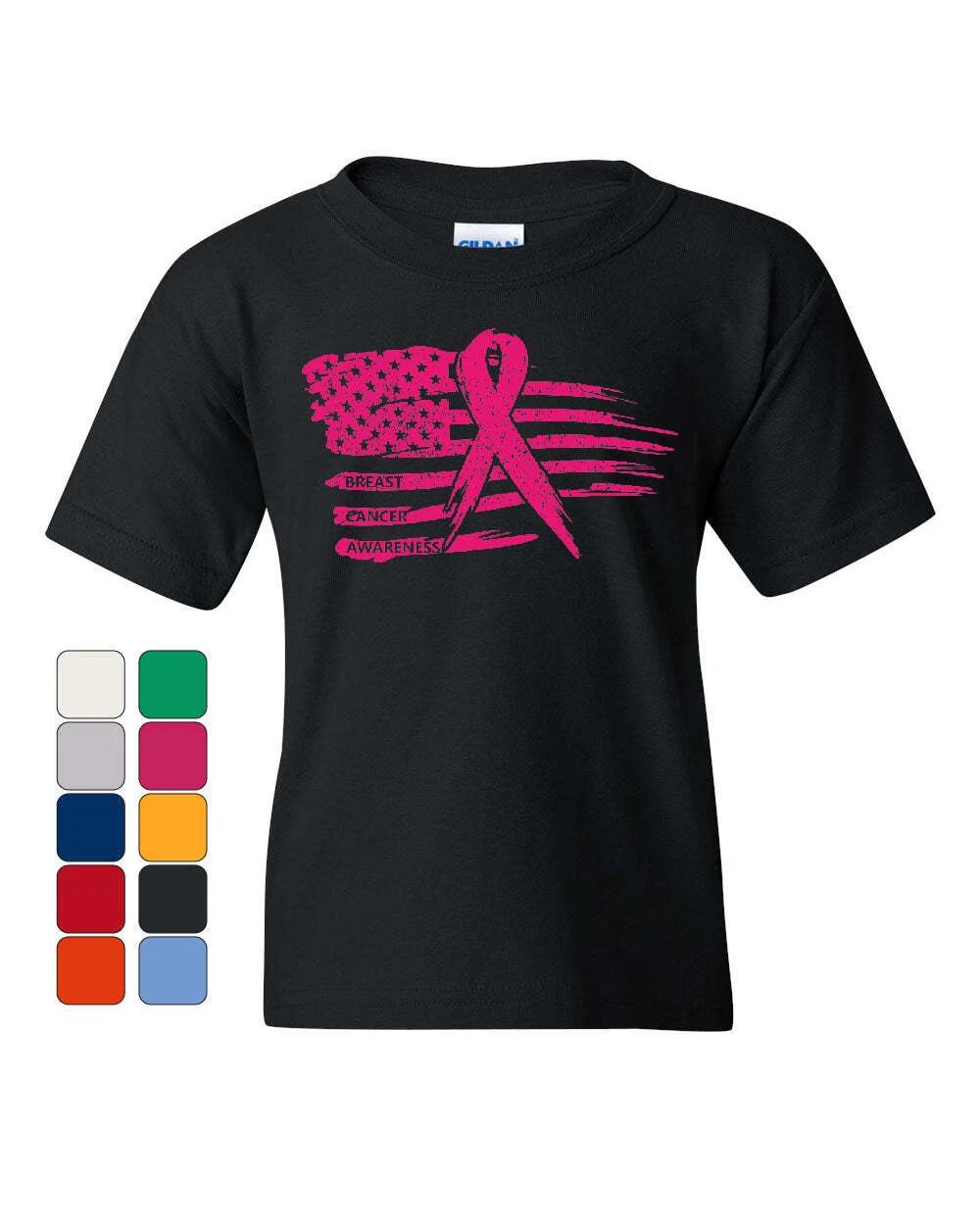 Pink Ribbon Flag Youth kids boys T-Shirt Breast Cancer Awareness Hope Survivor Kids Tee 100