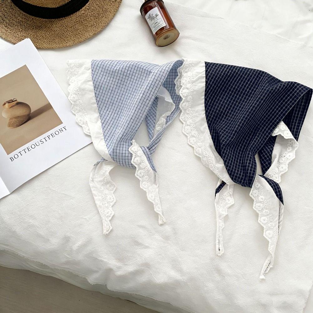 Fashion Lace Padded Headscarf Plaid Design Linen Fabric Hairband Scarf Cotton Material Triangle Scarf Women's
